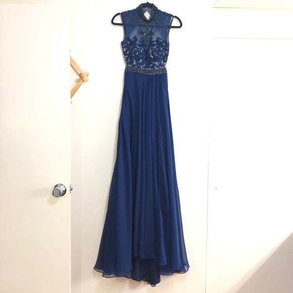 Mac Duggal 62383 Beaded Lace Hi Slit Chiffon Gown